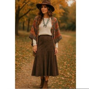 Brooks Brothers Western Bohemian Brown Leather Suede Midi Skirt Size 12